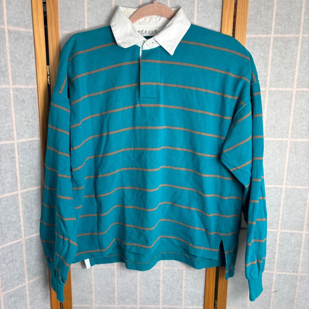 Studio Vintage Mens Large Teal Striped Long Sleeve Rugby Polo Shirt Hong Kong
